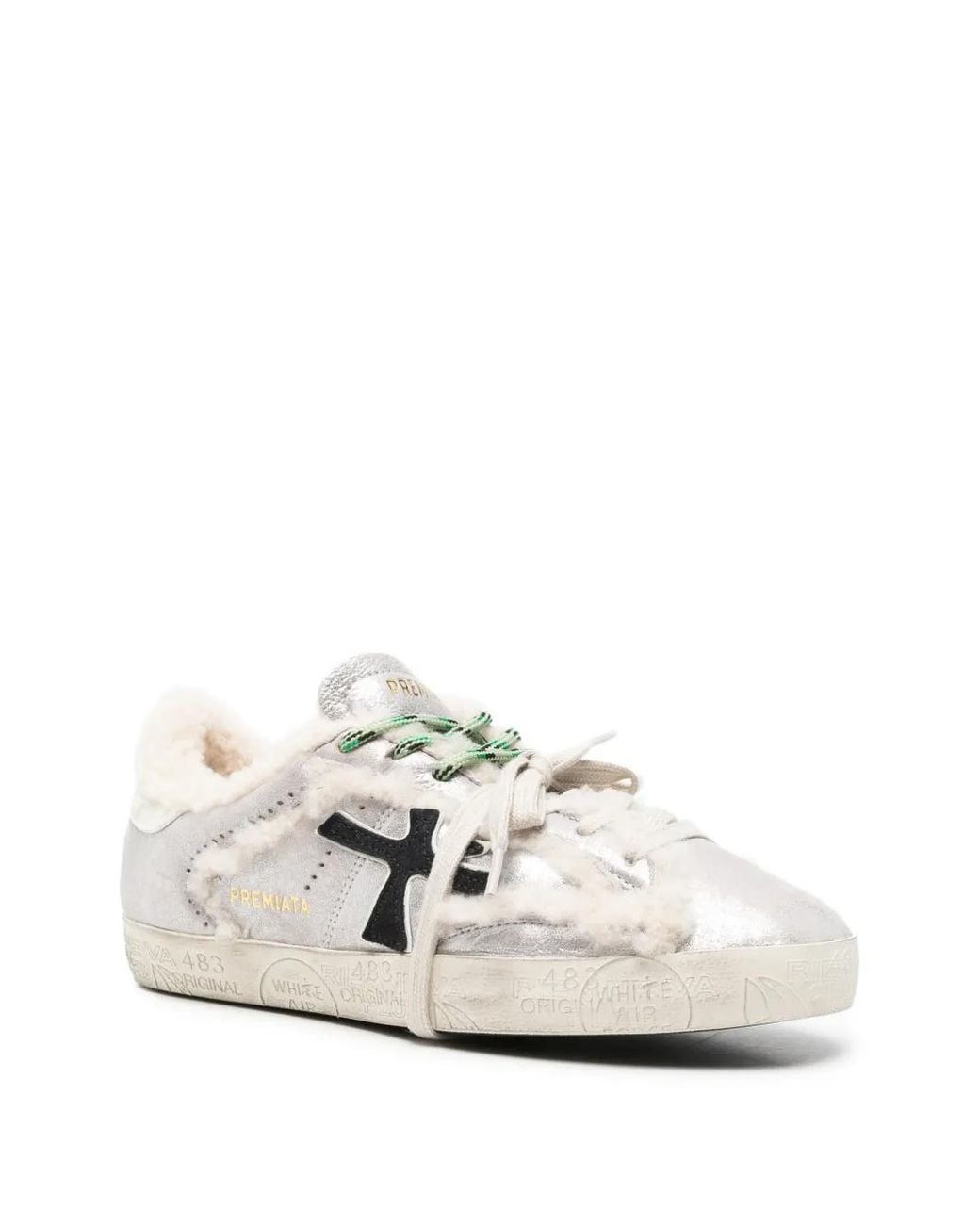 Premiata White Baskets Steven À Bords En Peau Lainée