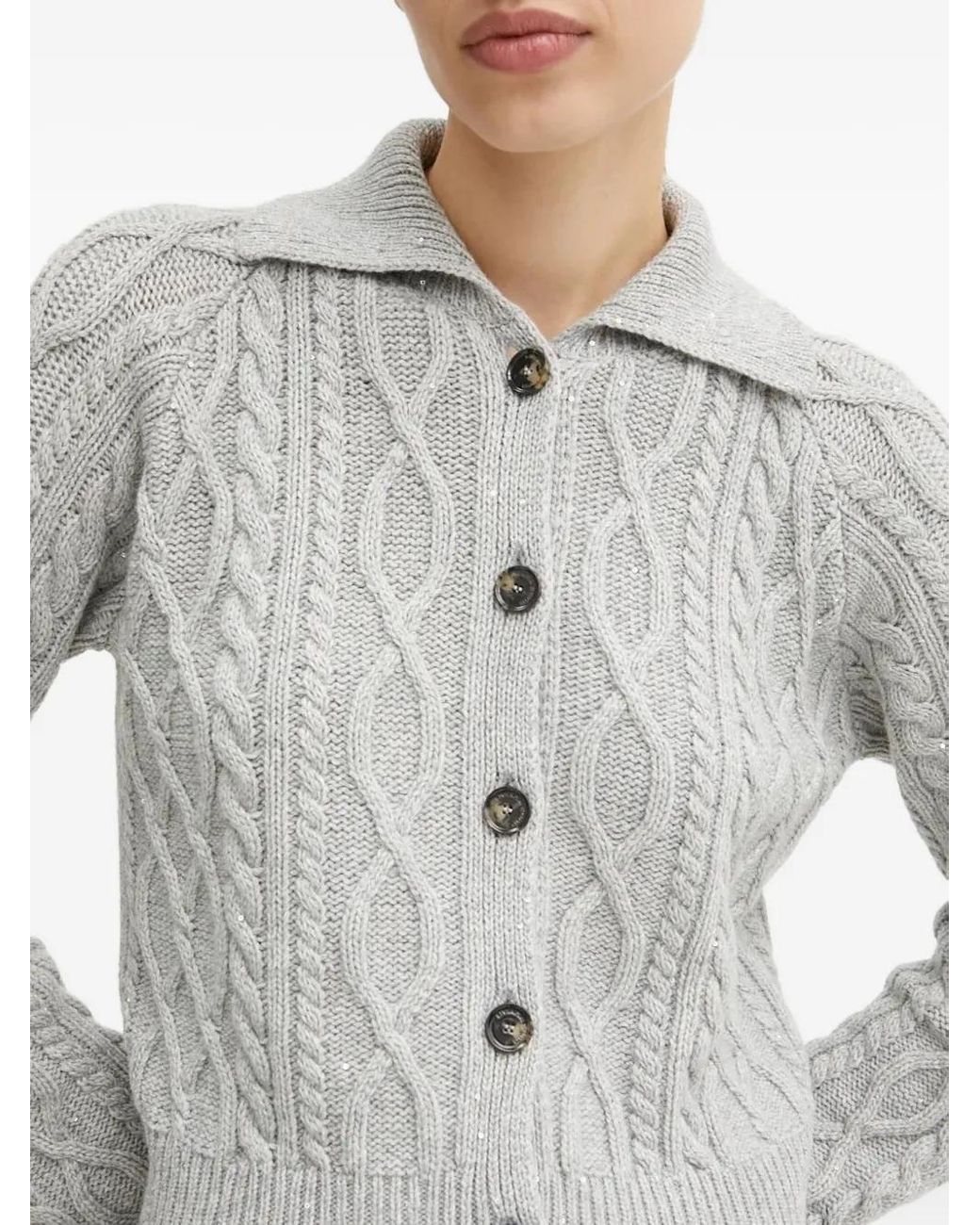 Liviana Conti Gray Cable-Knit Sequin-Embellished Cardigan