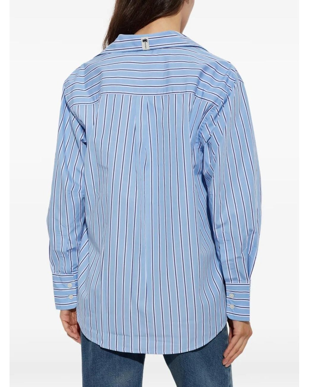 Palm Angels Blue Striped Embroidered-Logo Shirt