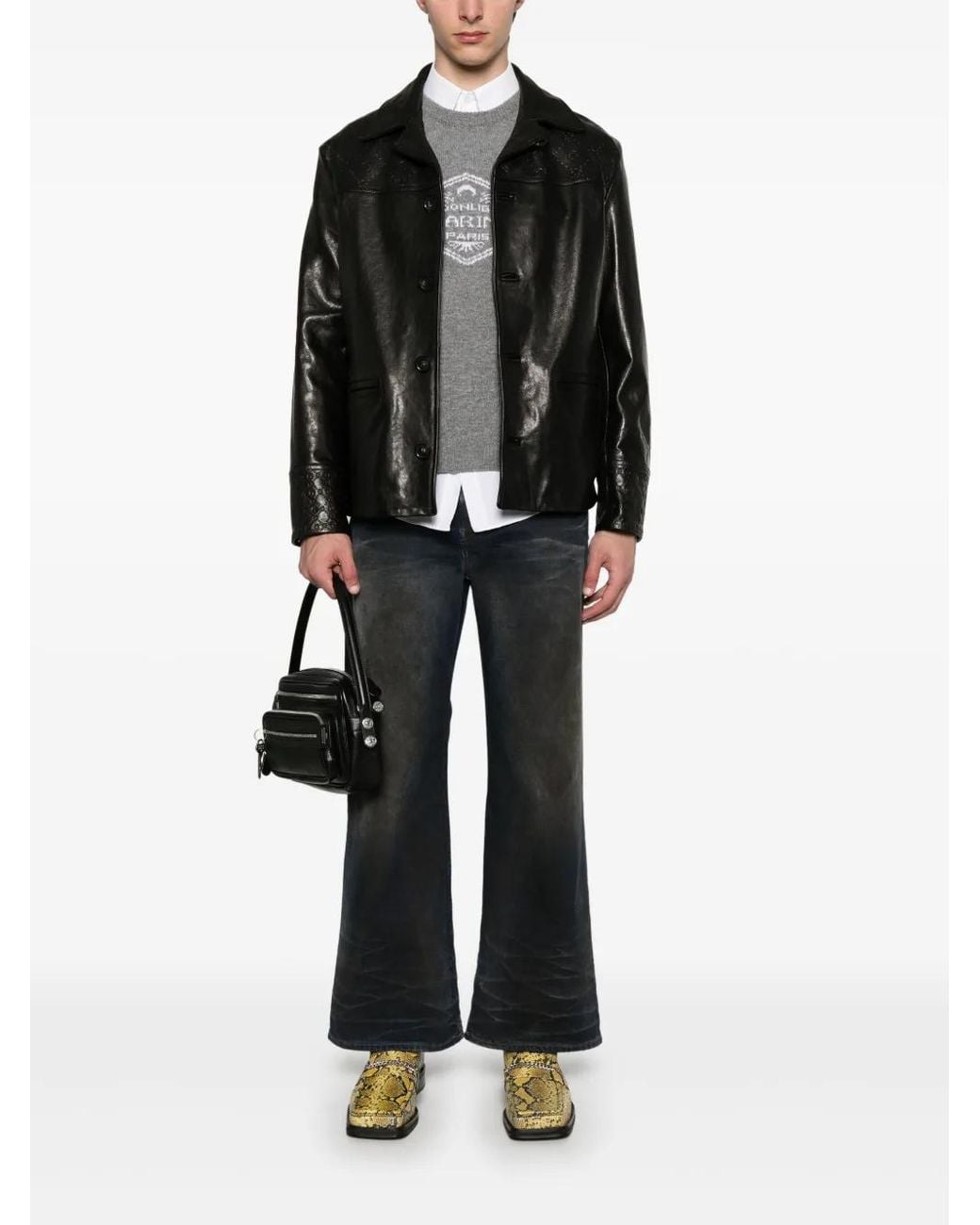 MARINE SERRE Black Moongram-Embossed Leather Jacket for men