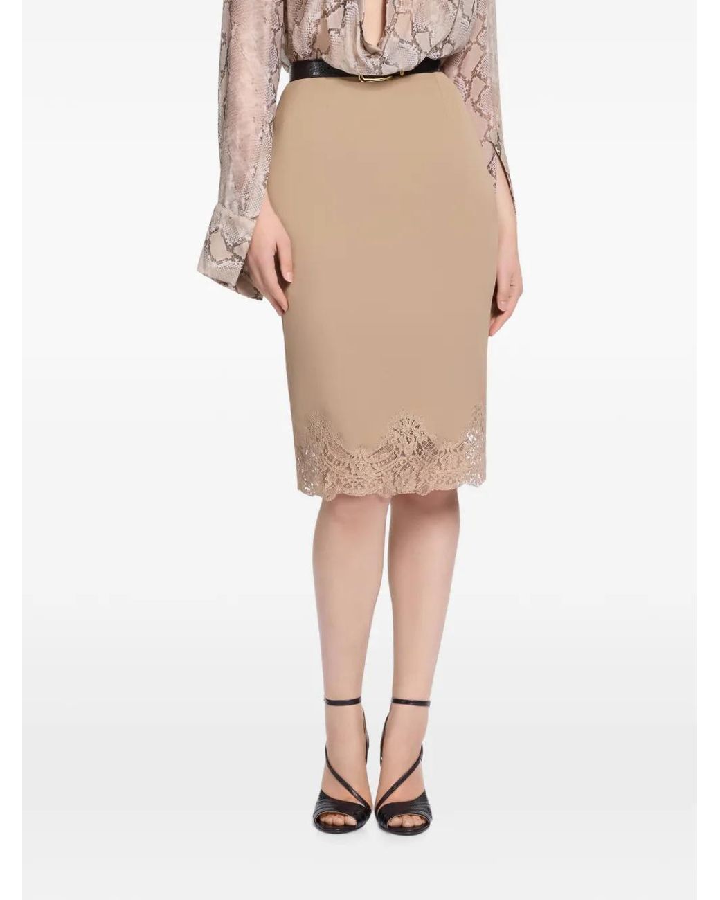 Elie Saab Natural Lace-Trim Pencil Midi Skirt