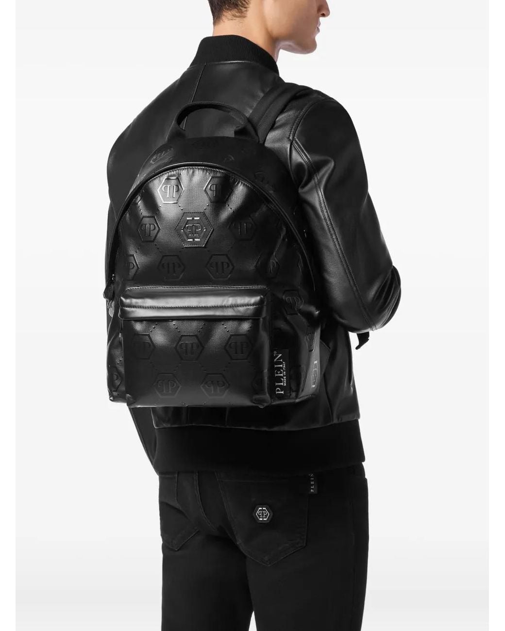 Philipp Plein Black Nappa Backpack Embossed Monogram for men