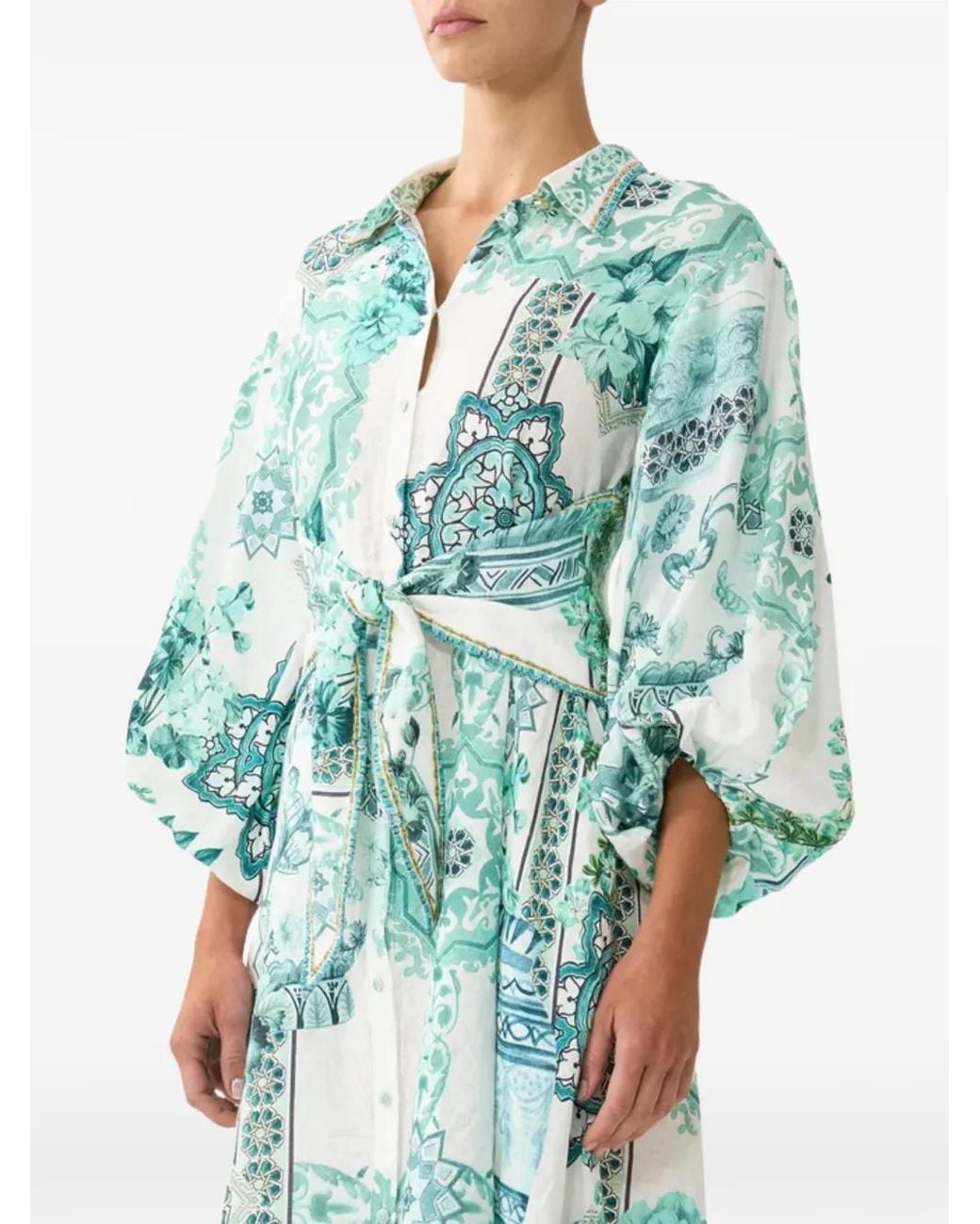 Camilla Blue Printed Bubble-Sleeve Shirt Midi Dress