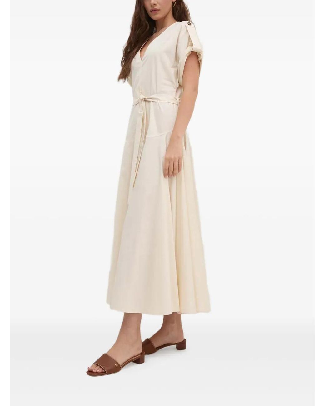 Sandro Ferrone Natural Belted V-Neck Midi Dress