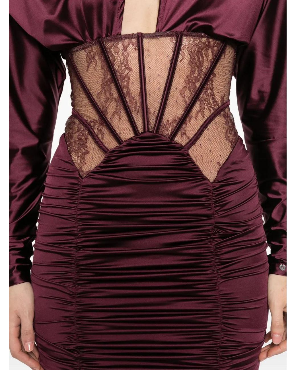 Nissa Purple Lace Insert Satin Mini Dress