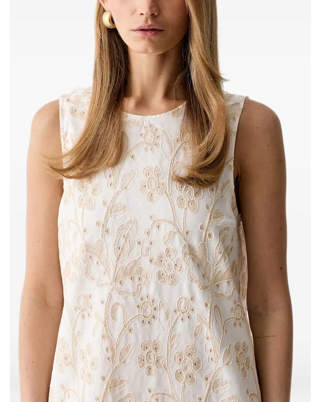 ViCOLO Natural Floral-Embroidered Sleeveless Mini Dress