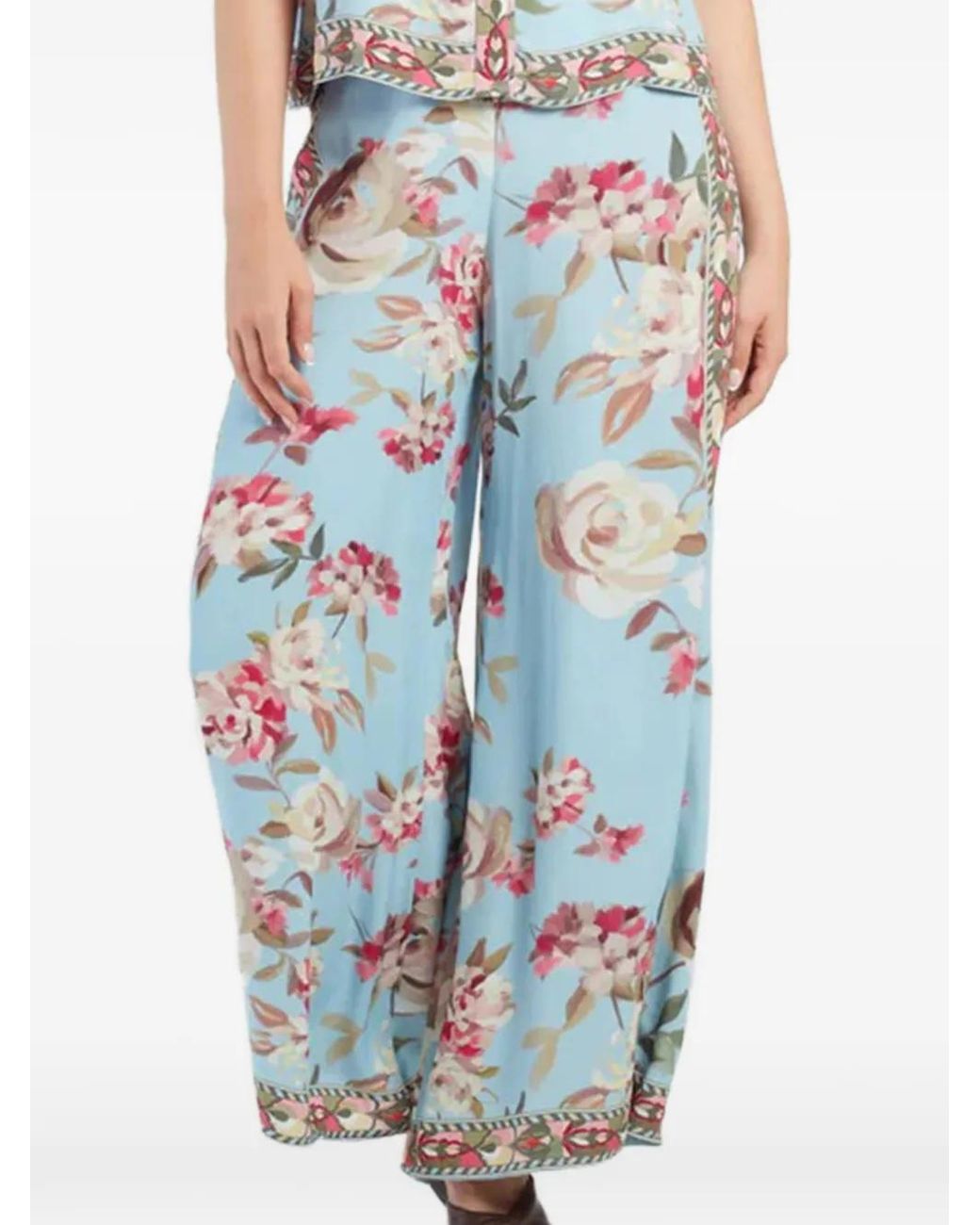 Rene' Derhy Blue Wide-Leg Floral-Print Trousers