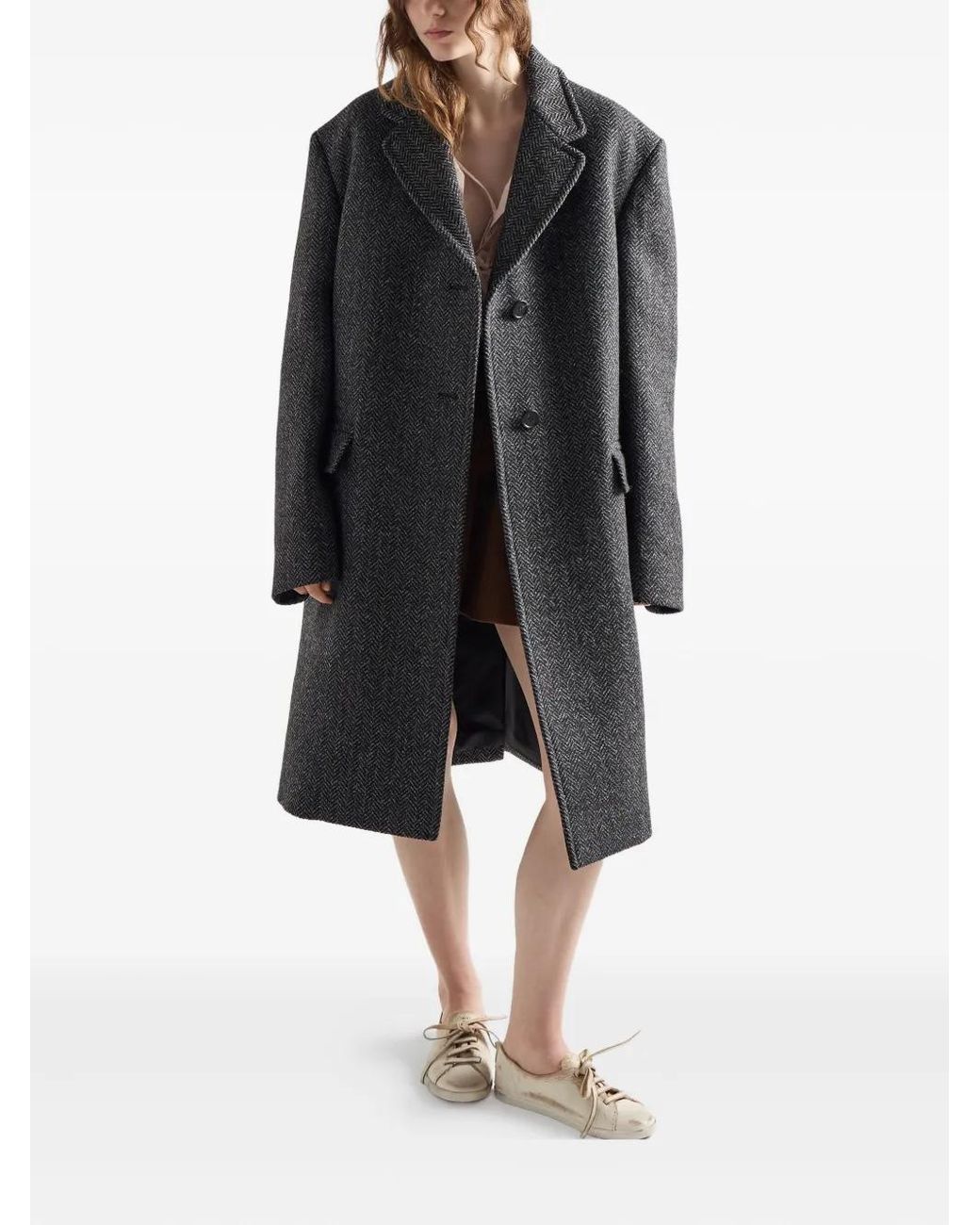 Prada Gray Herringbone Notched-Lapel Coat