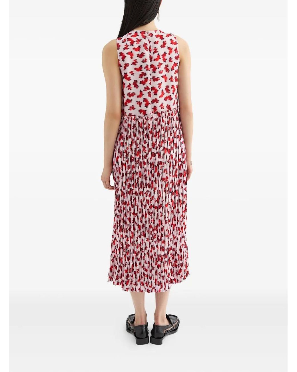 Jil Sander Red Floral Pleated Midi Dress