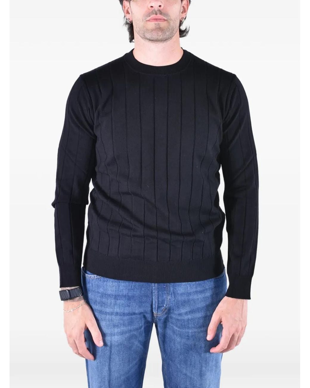 Kangra Blue Crew-Neck Ribbed-Knit Wool Sweater for men