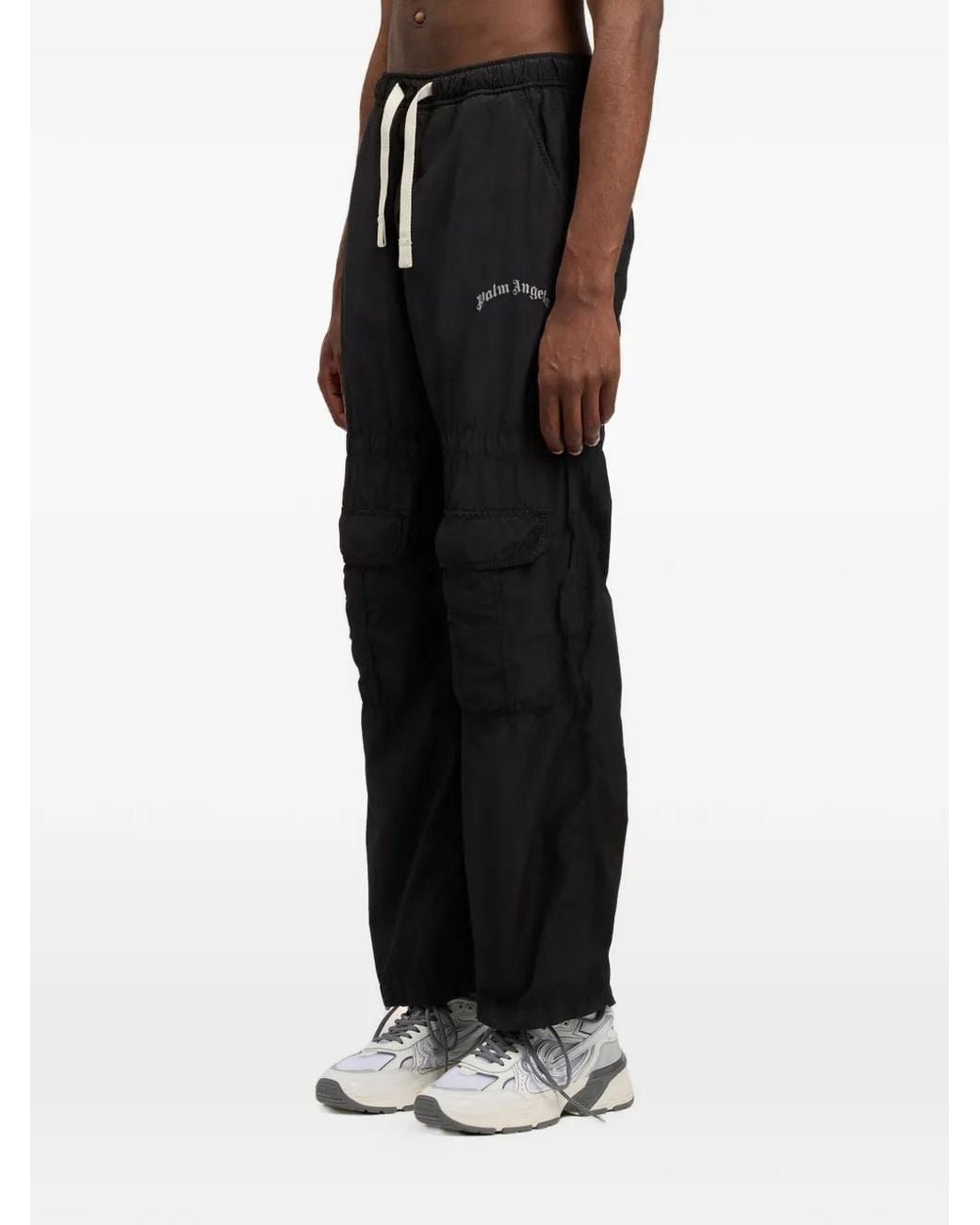 Palm Angels Black Curved Logo Draws Cargo Trousers for men