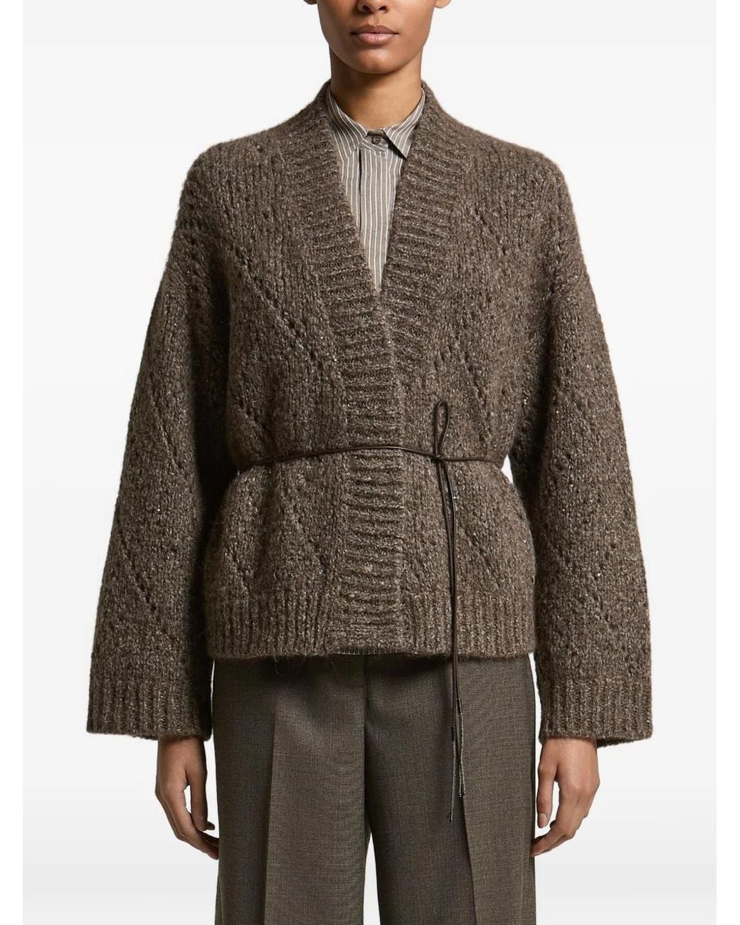 Peserico Brown Sequin-Embellished Belted Cardigan