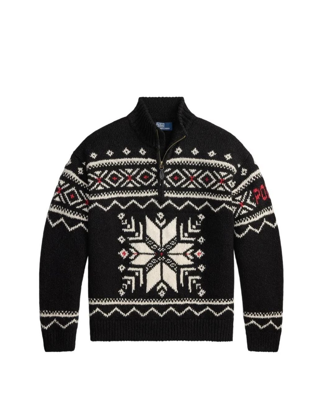 Polo Ralph Lauren Black Snowflake-Intarsia Half-Zip Sweater for men