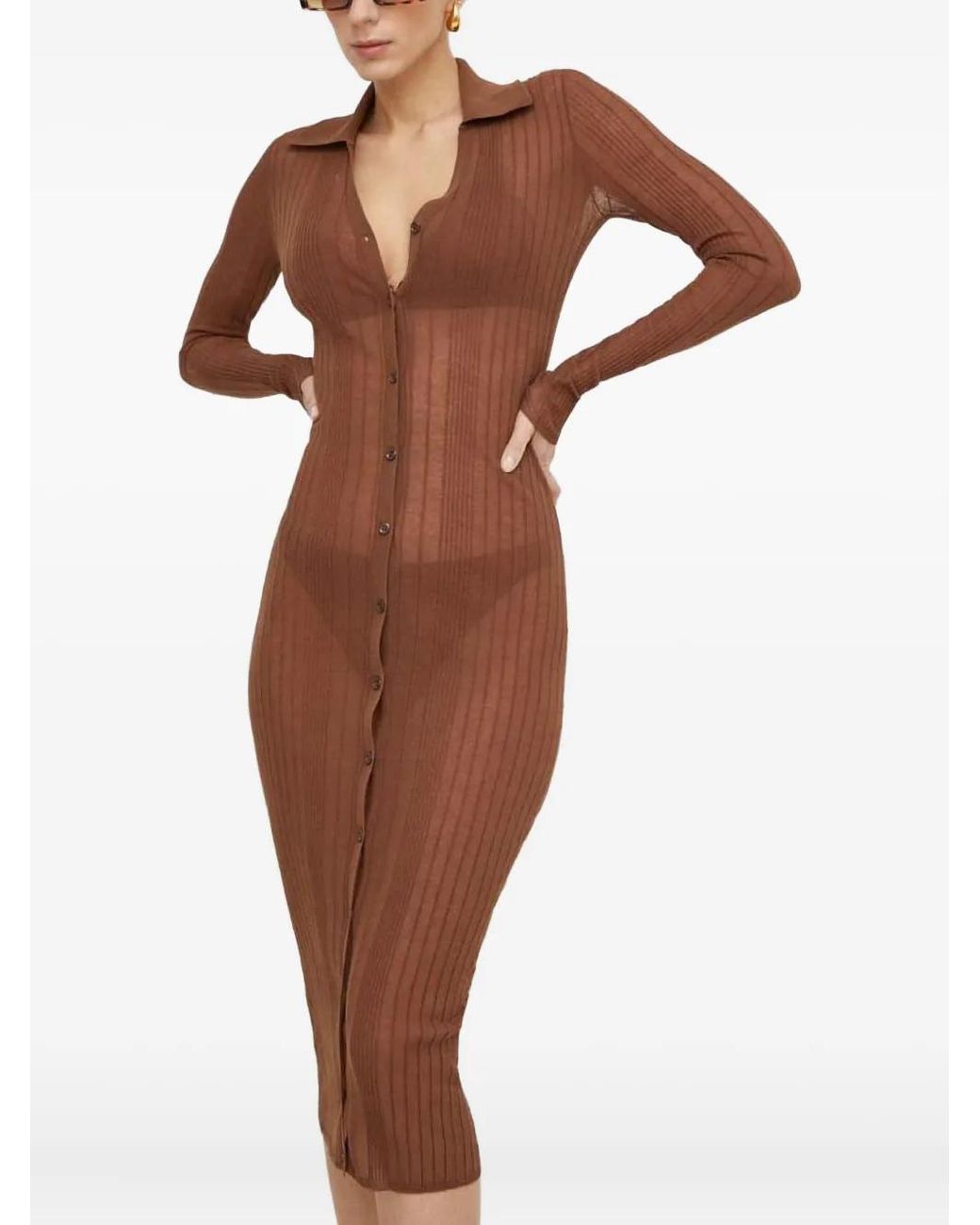 Pinko Button Ribbed Midi Dress in Brown | Lyst