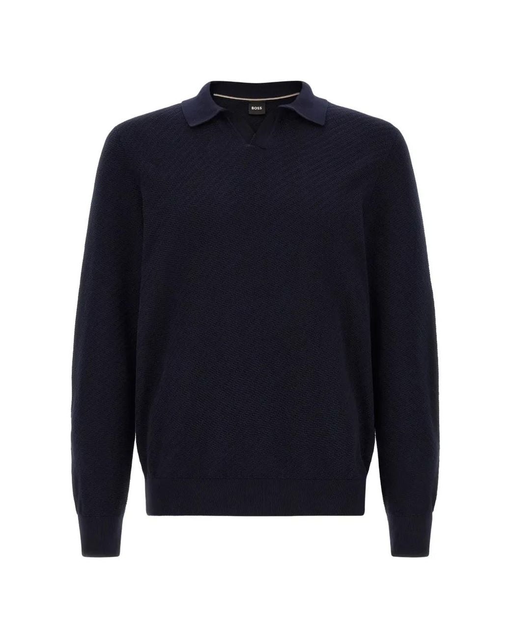 Boss Blue Knitted Cotton Sweater With Johnny Collar for men
