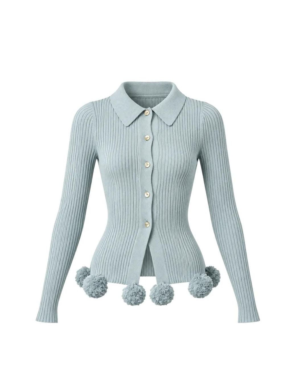 Conner Ives Blue Pom-Pom Ribbed-Knit Cardigan