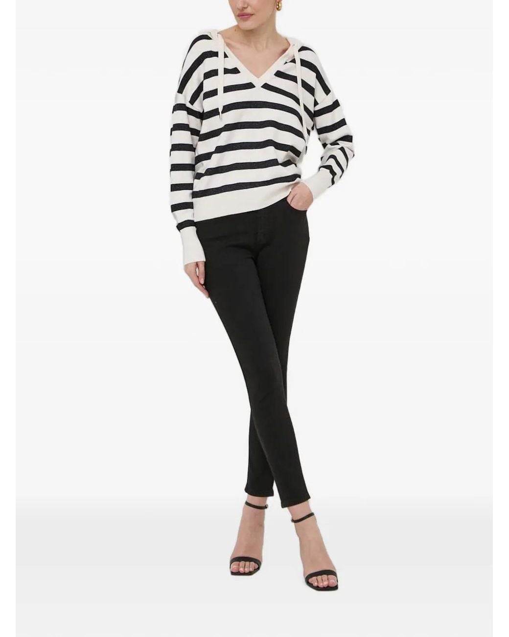 Morgan White V-Neck Striped Hoodie