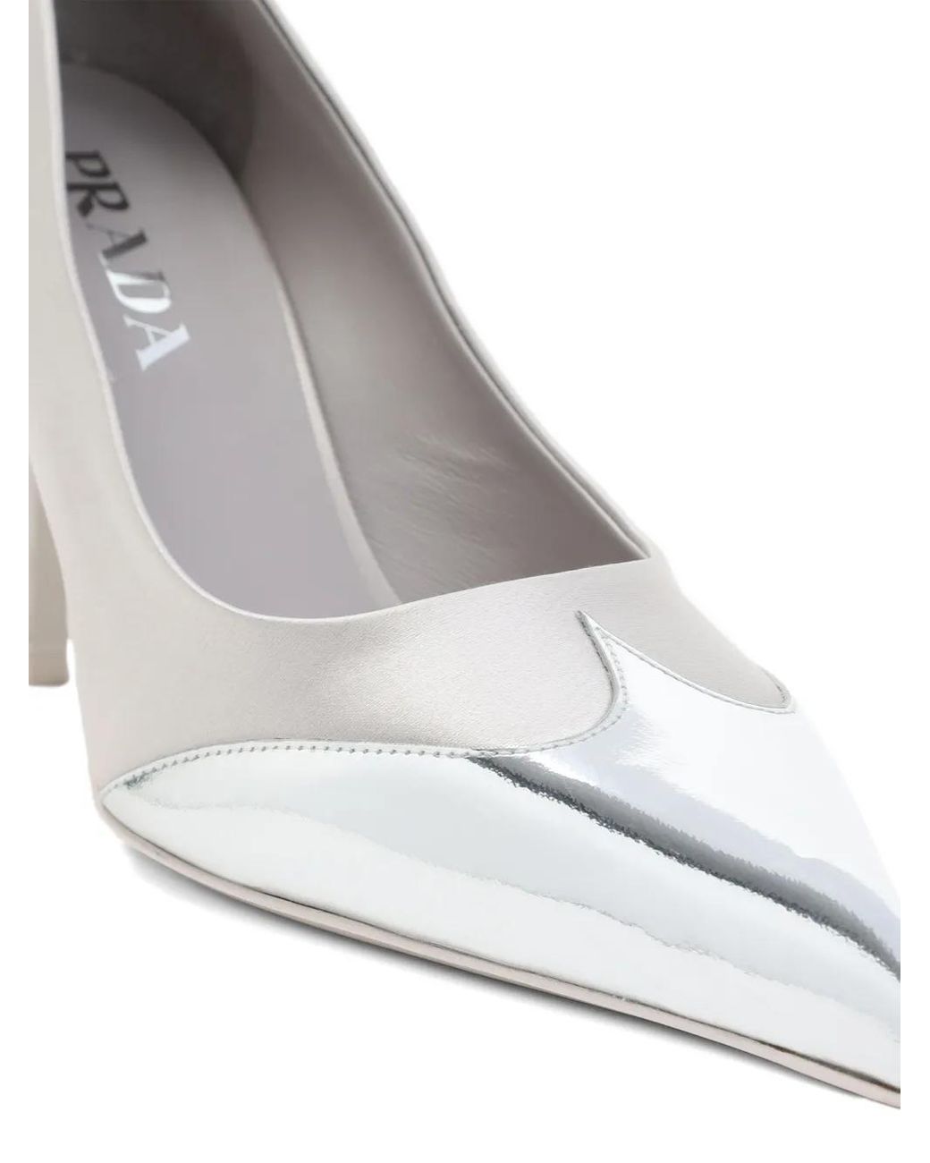 Prada White Satin And Metallic Silver Leather Pumps