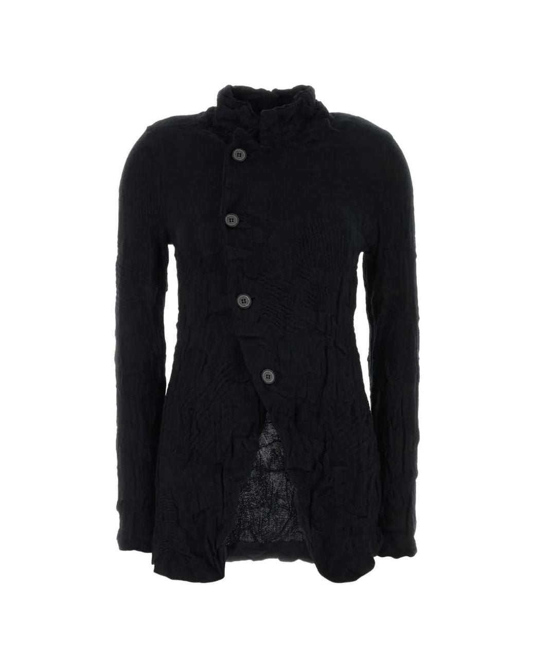 Y's Yohji Yamamoto Black Crinkled-Finish Asymmetric-Fastening Cardigan