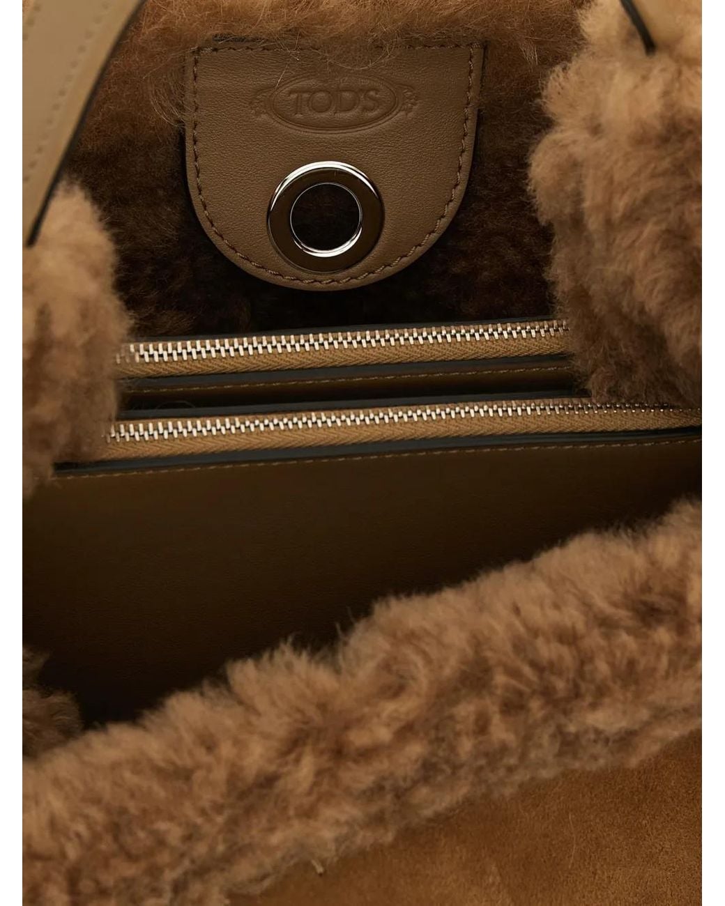 Tod's Brown T Timeless Shearling-Trim Tote Bag