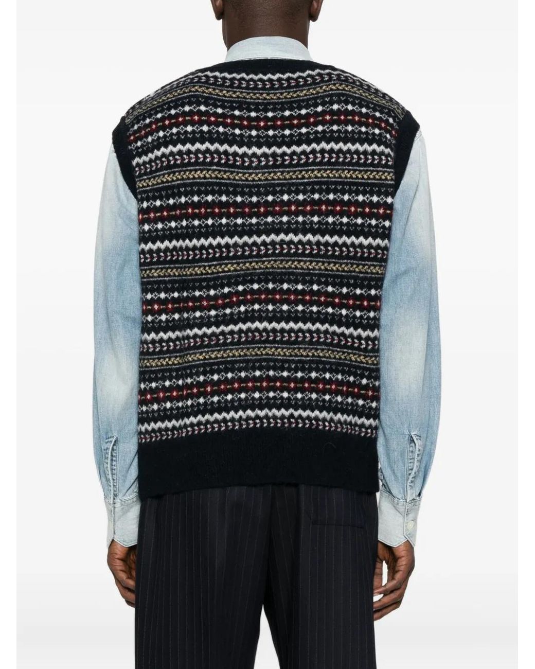DUNST Black Fairisle-Pattern V-Neck Sweater for men
