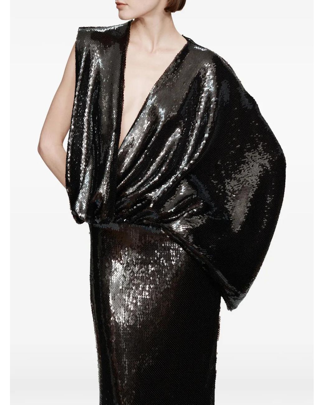 Christopher Esber Black Opaline Sequin Swaddled V-Neck Gown