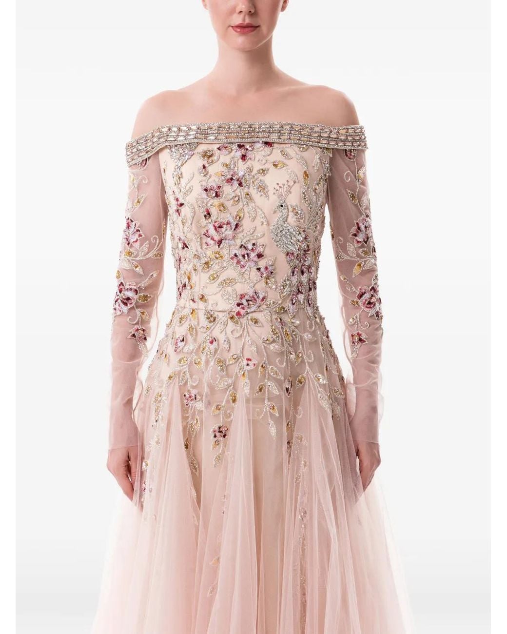 Dina Melwani Pink Peacock-Embroidered Off-Shoulder Maxi Dress