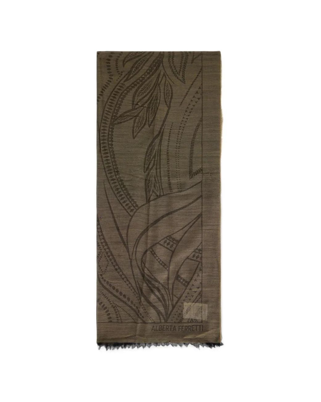 Alberta Ferretti Green Leaf-Pattern Frayed-Edge Scarf