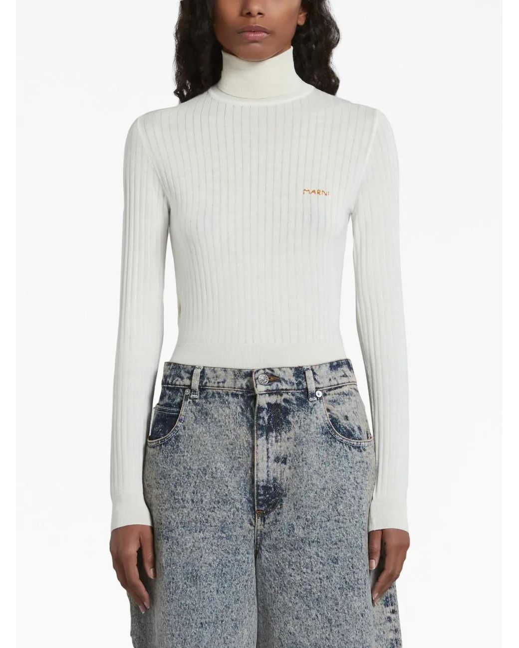 Marni White Ribbed Turtleneck Sweater