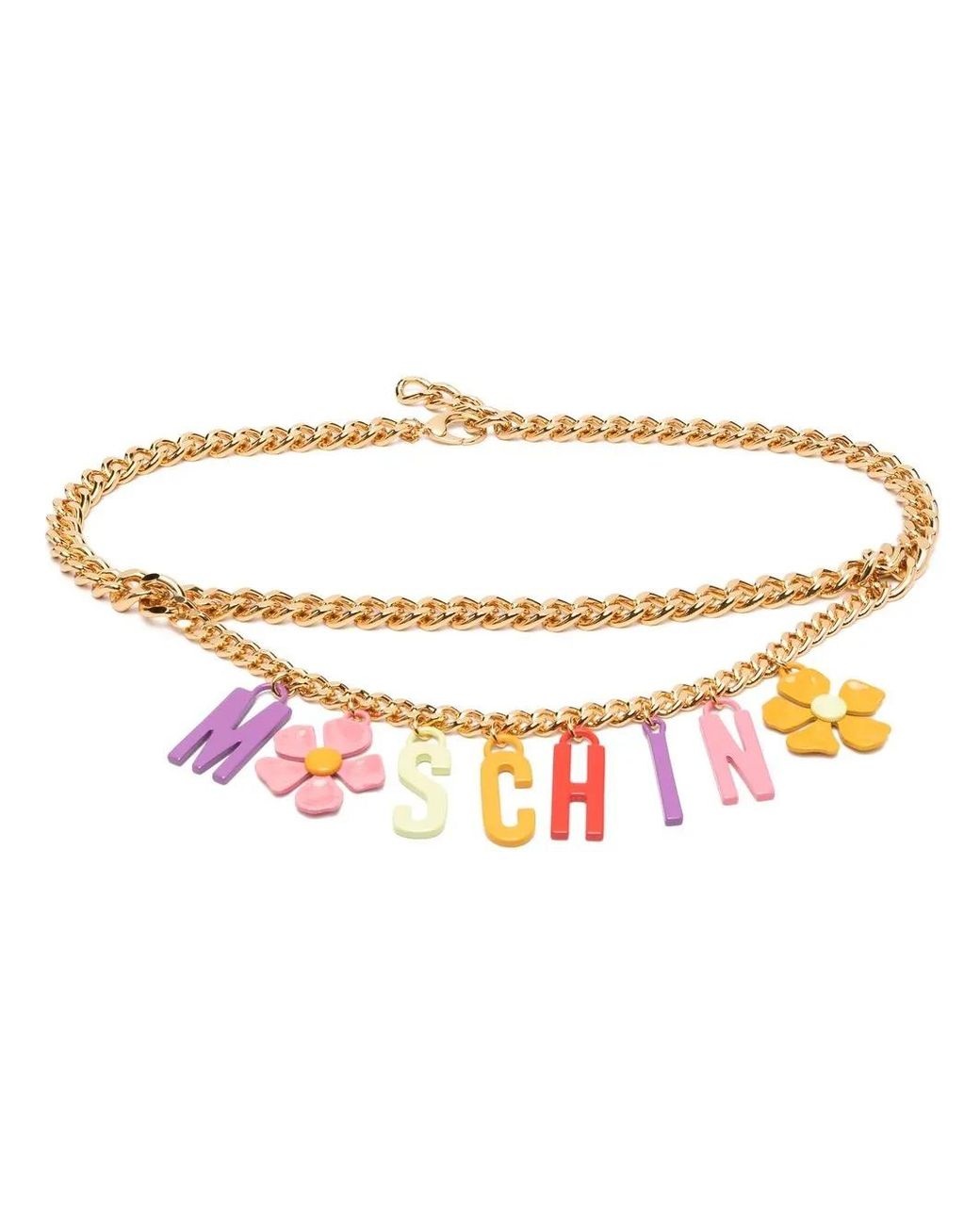Moschino White Flower-Lettering Charm-Chain Belt