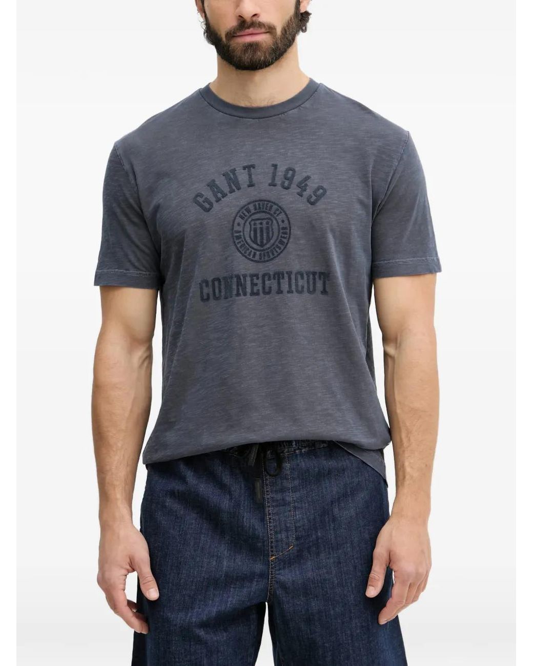 Gant Blue T-Shirt À Logo Brodé Et Texture Flammée for men