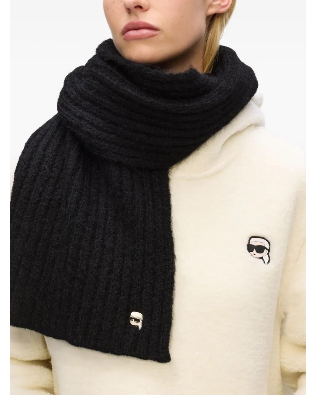 Karl Lagerfeld Black Ribbed Ikon-Detail Scarf