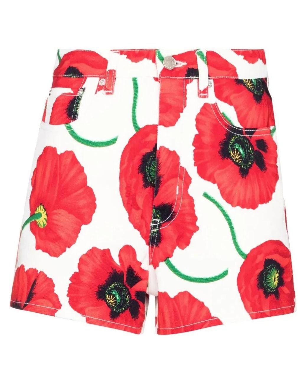 KENZO Red Poppy-Print Mini Shorts