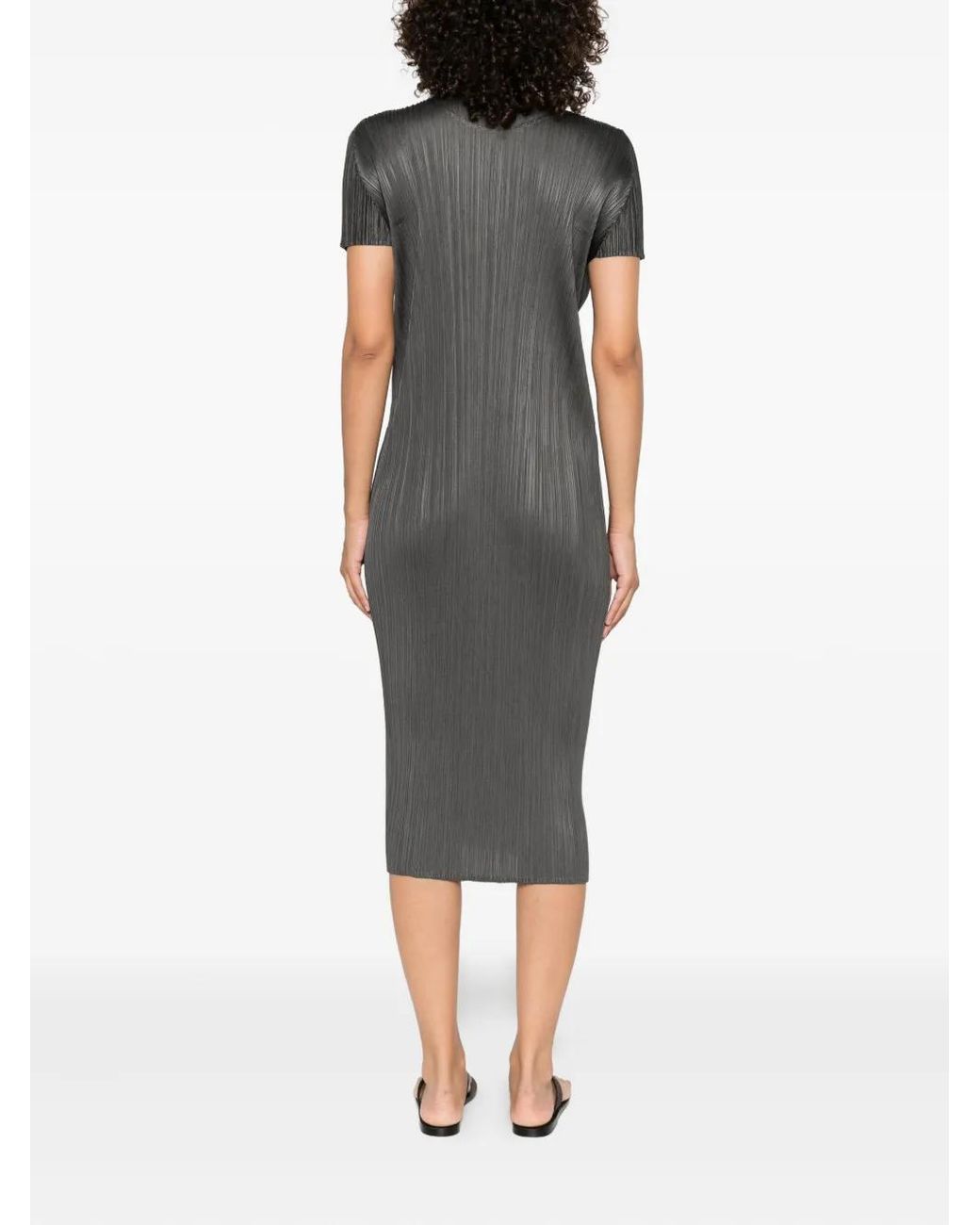 Pleats Please Issey Miyake Gray Pleated Short-Sleeved Dress