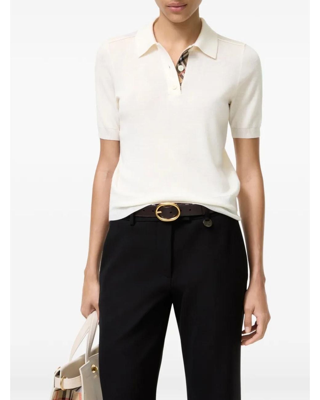Burberry White Check-Trim Polo Top