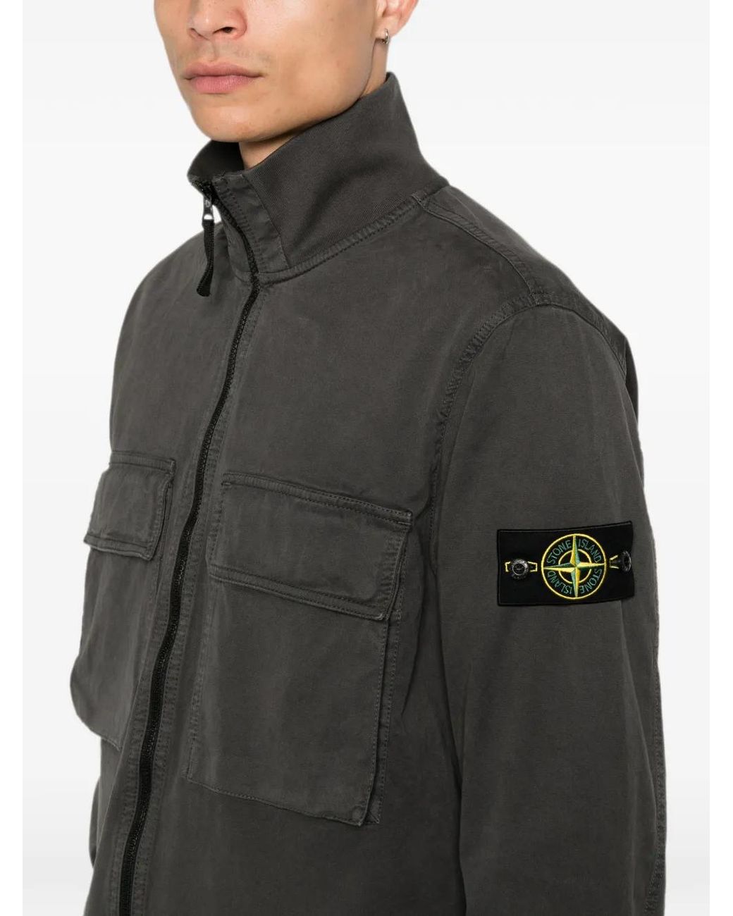 Stone Island Black Logo-Patch Zip-Up Shirt Jacket for men
