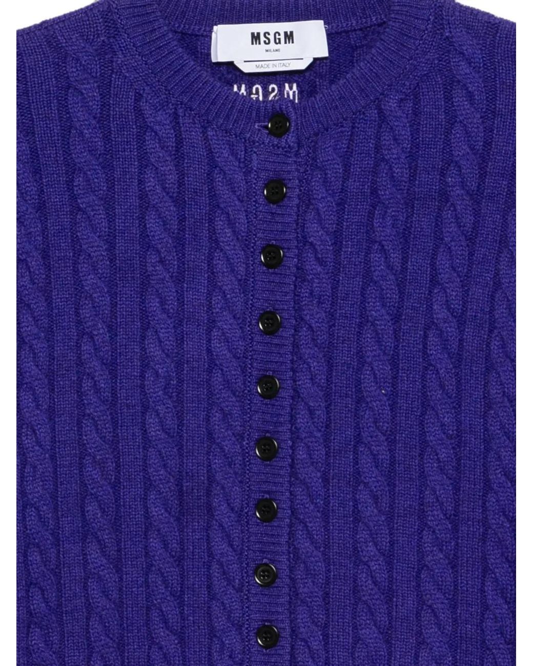 MSGM Blue Cable-Knit Button-Front Cardigan