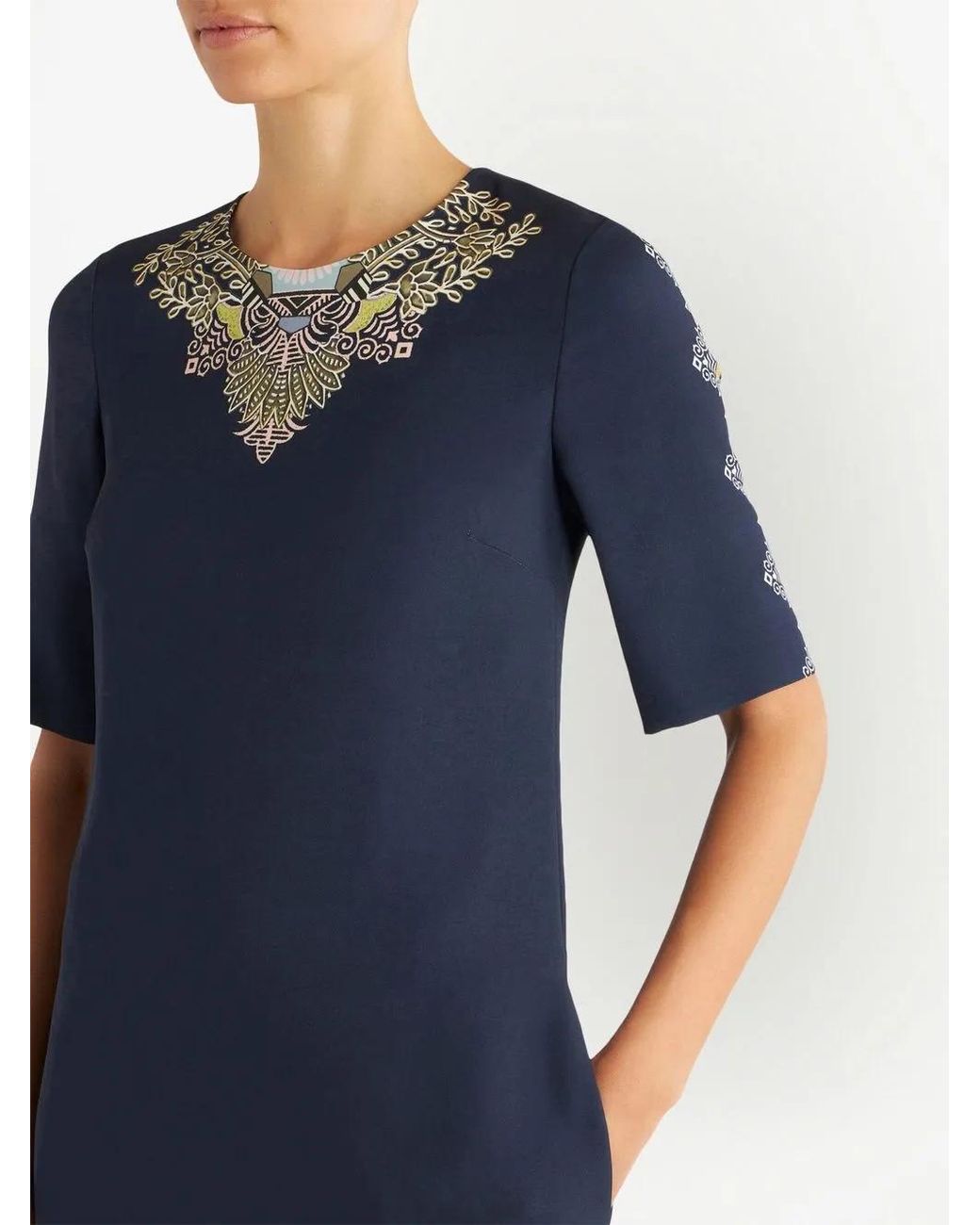 Etro Blue Embroidered-Design Short-Sleeve Dress