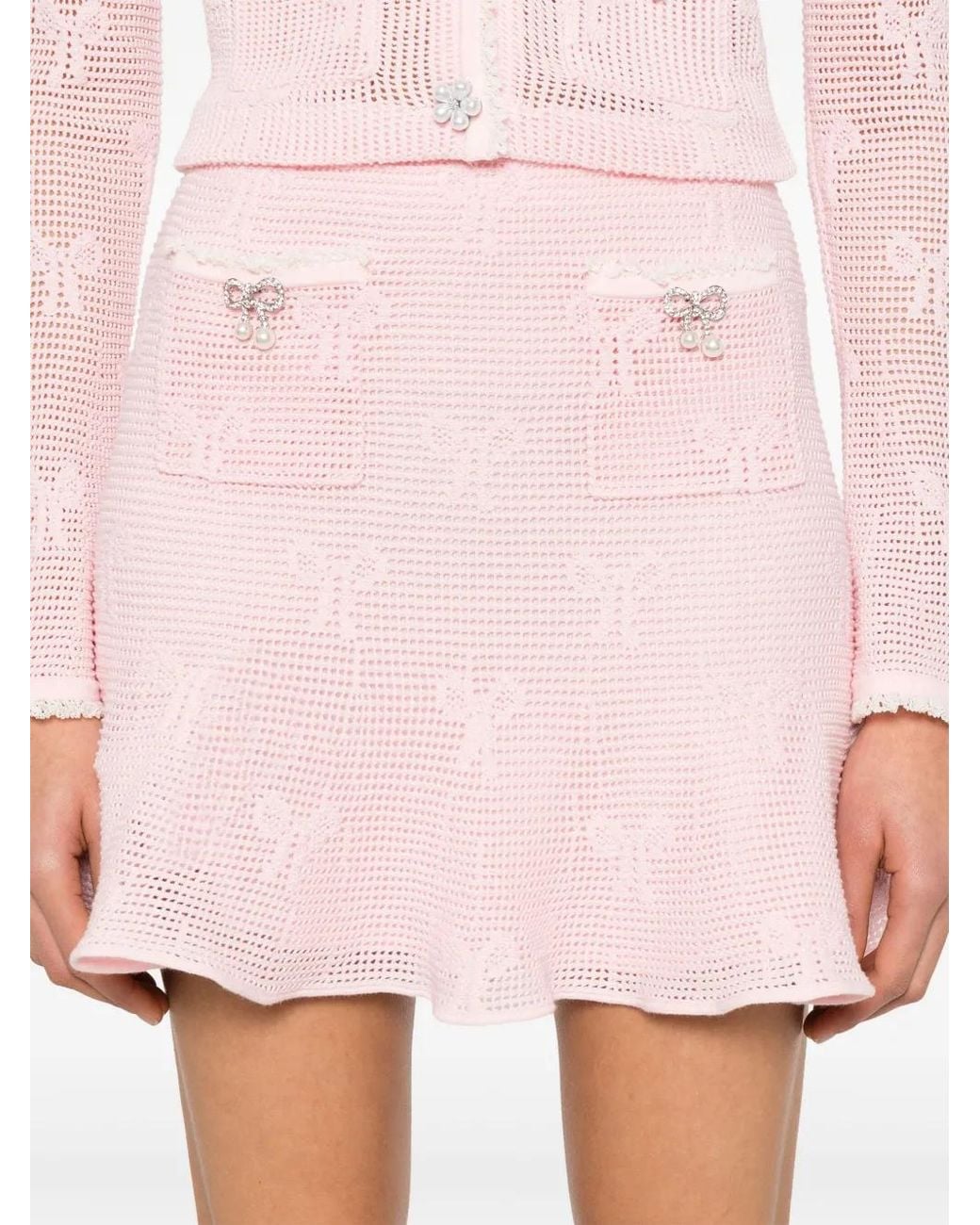 Self-Portrait Pink Bow-Detail Crochet Mini Skirt