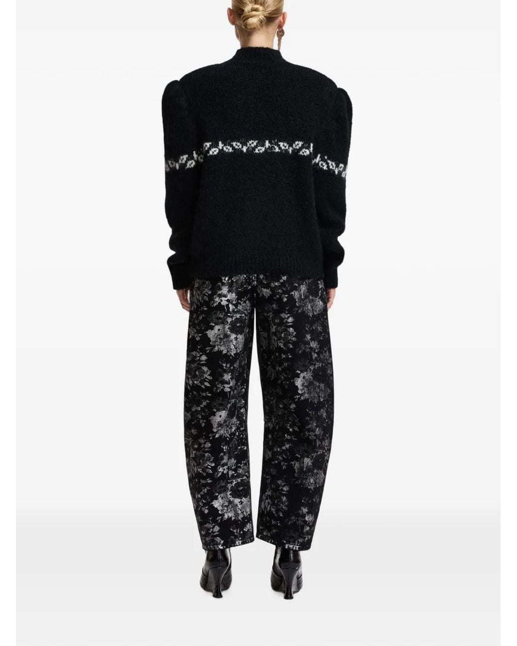 Essentiel Antwerp Black Ko Floral-Print Barrel-Leg Jeans