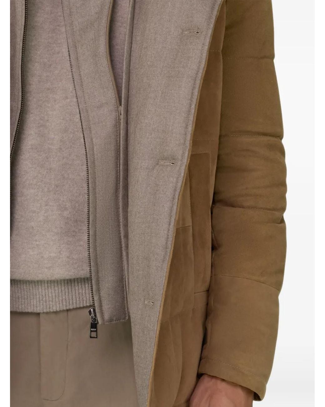 Boggi Brown Jacket Padded With Goose Down, Removable Genuine Leather Mélange Flannel Bib for men
