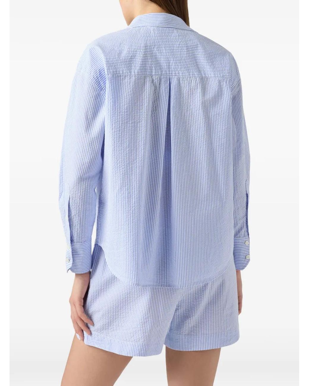 Mc2 Saint Barth White Striped Seersucker Cristal Shirt With Embroidery
