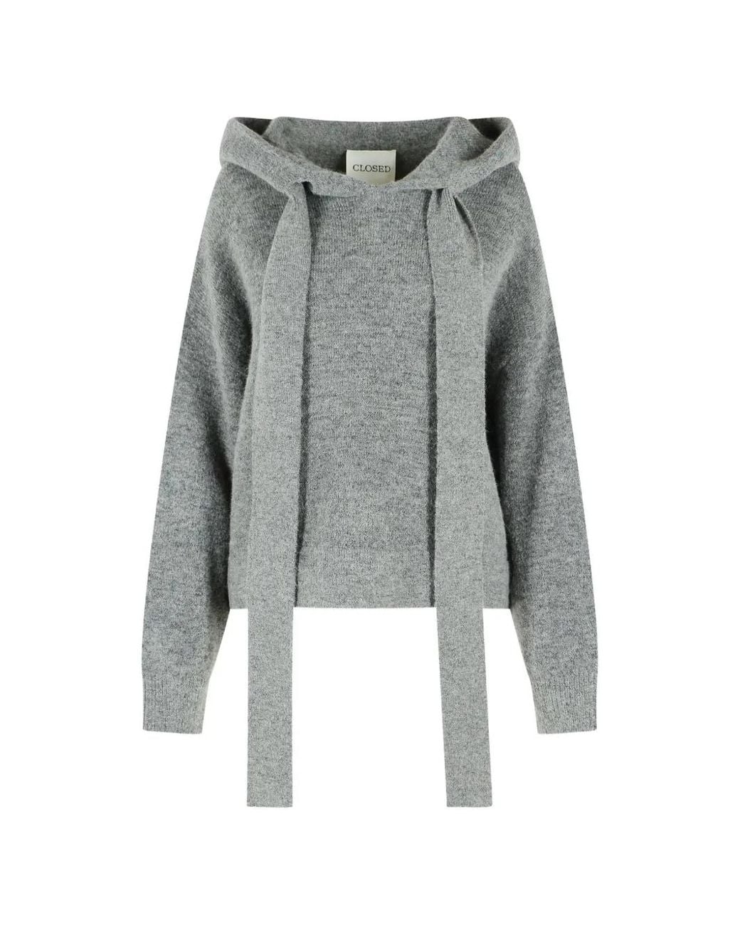 Closed Gray Fine-Knit Drawstring Hooded Sweater