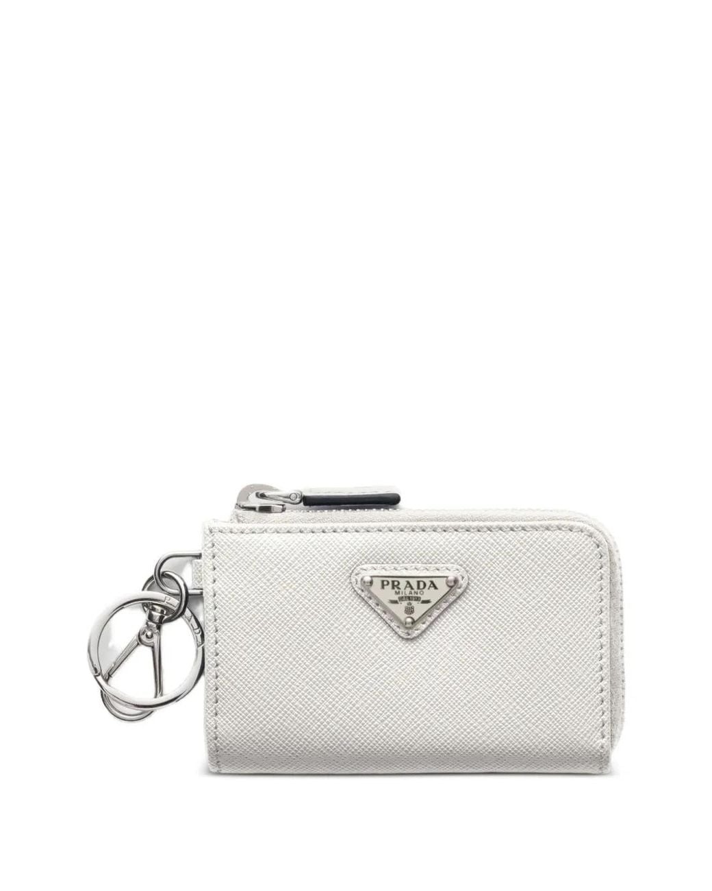 Prada White Saffiano Leather Mini Pouch With Keychain for men