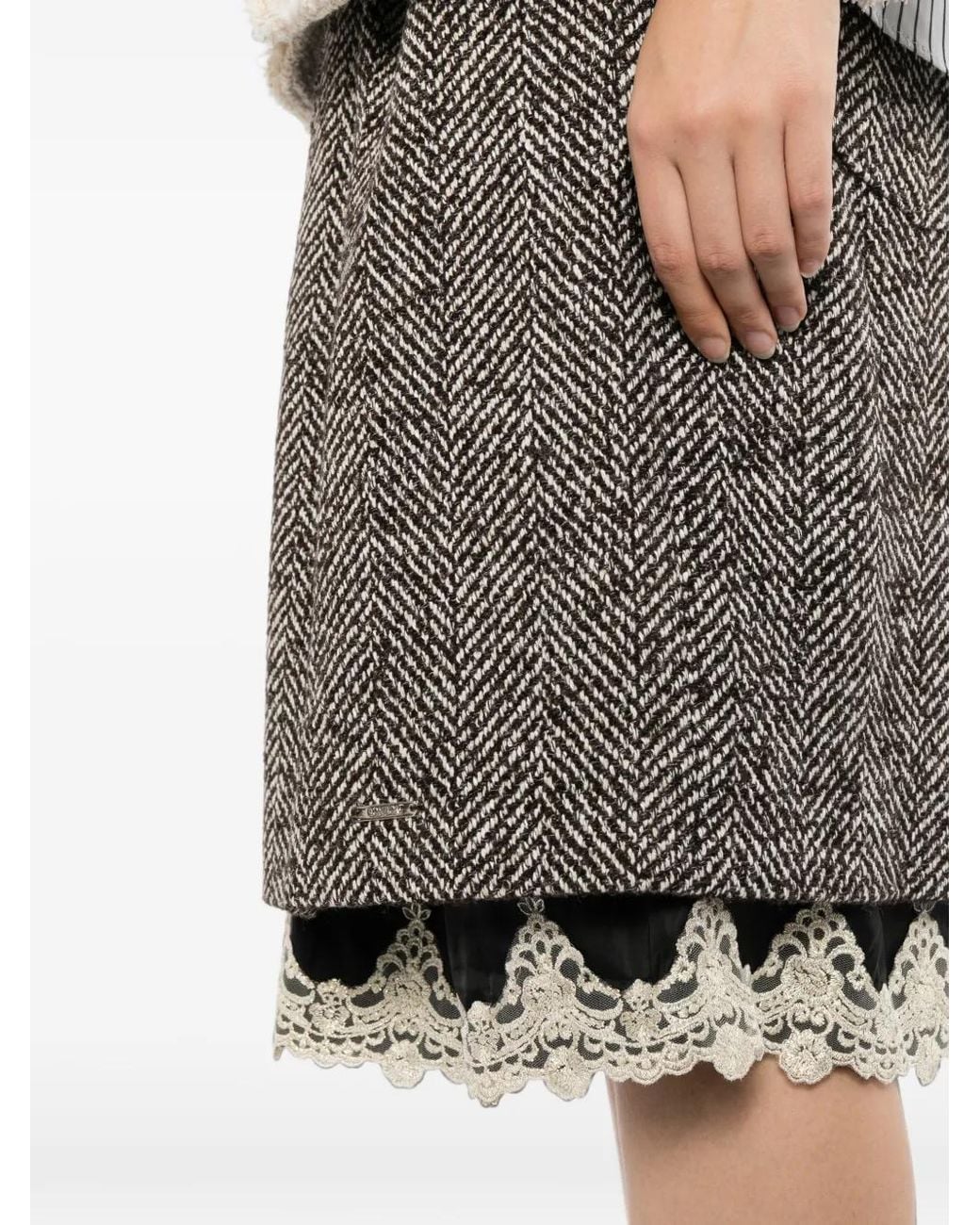 BONBOM Gray Herringbone-Pattern Lace-Trim Skirt