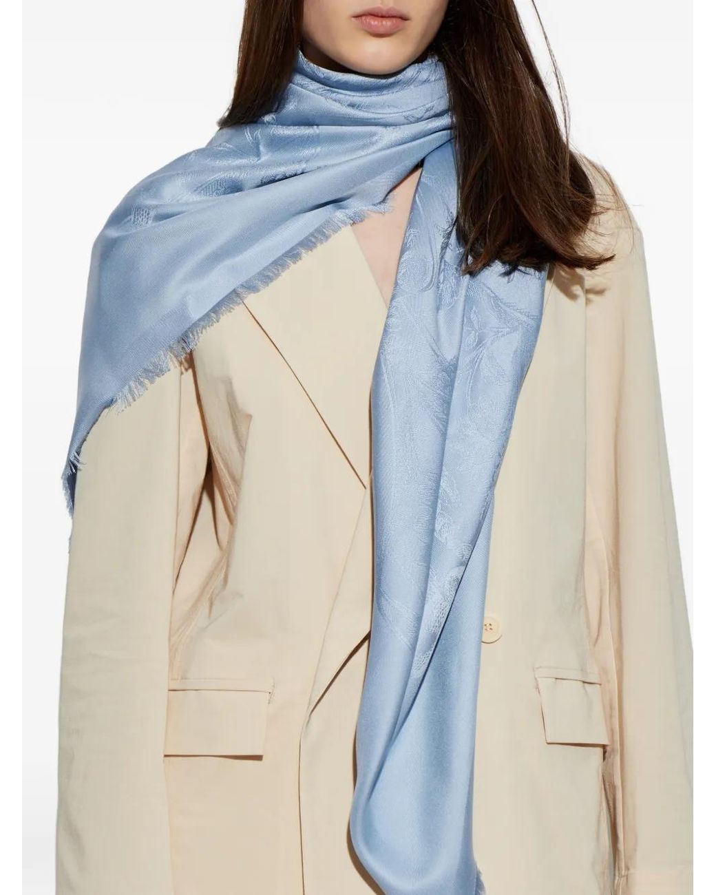 Ferragamo Blue Floral-Jacquard Frayed-Edge Scarf