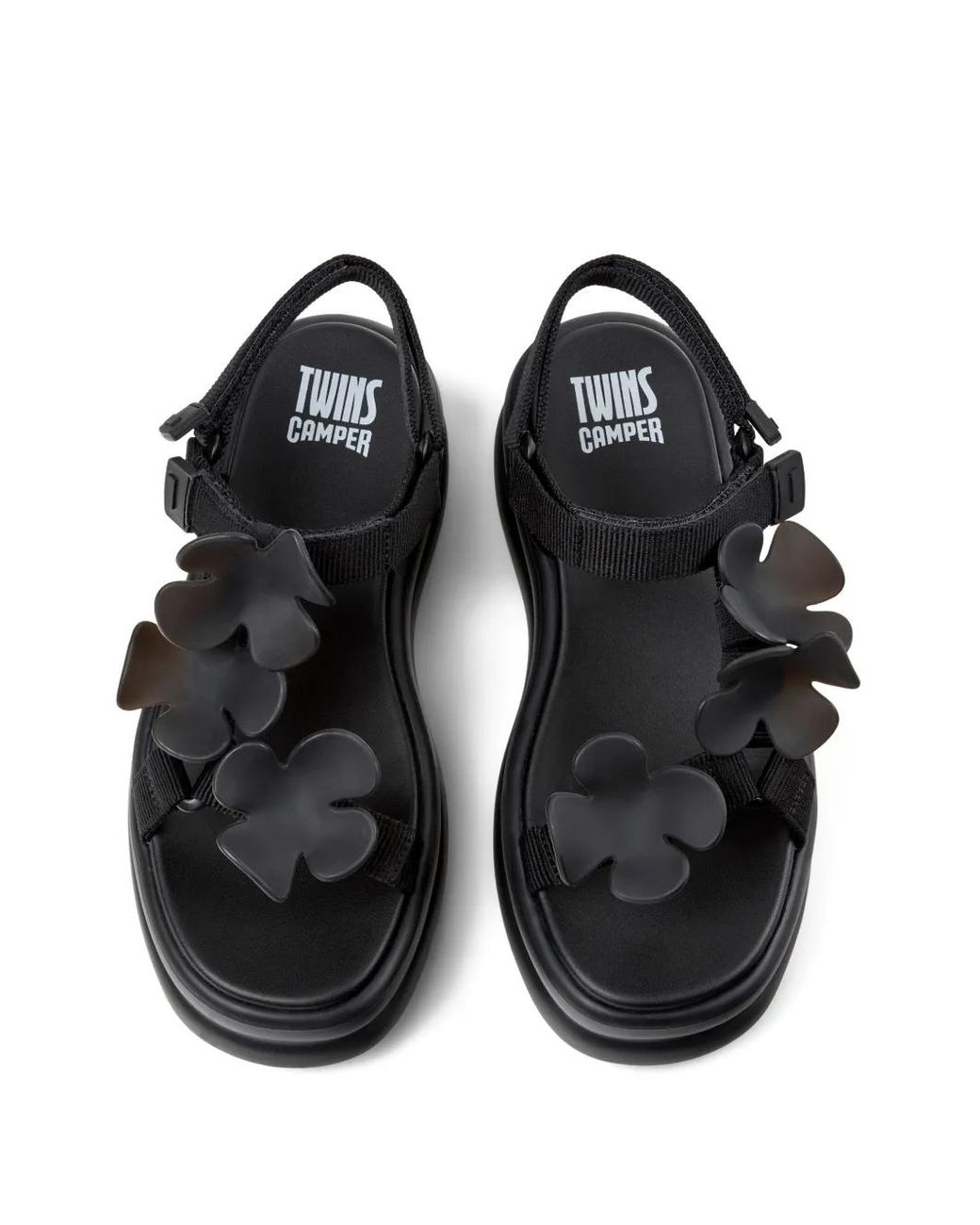 Camper Black Twins Flower-Detail Touch-Strap Sandals
