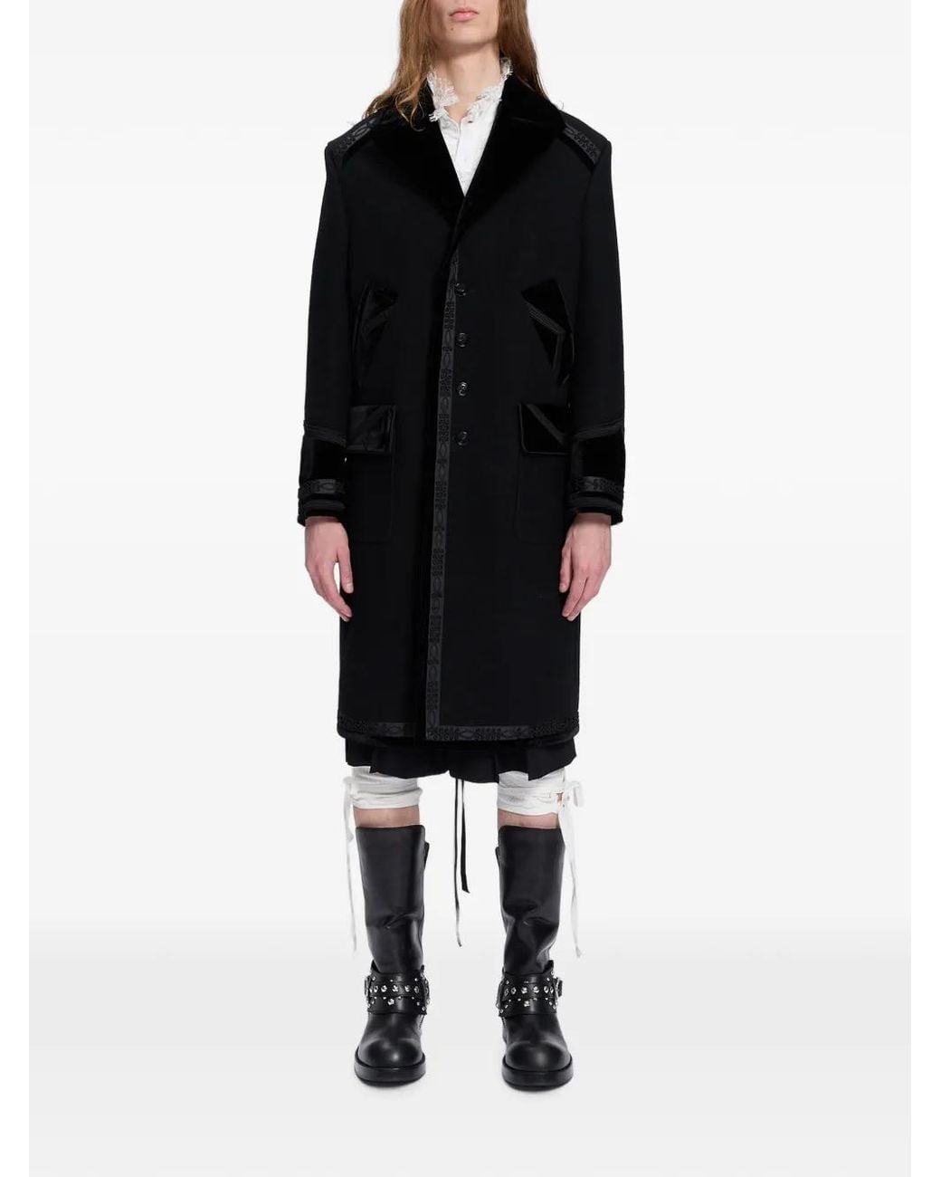 Ann Demeulemeester Black Havtor Velvet-Trimmed Embroidered Coat for men