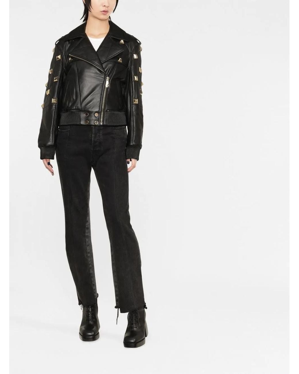 Philipp Plein Black Studded Leather Bomber Jacket