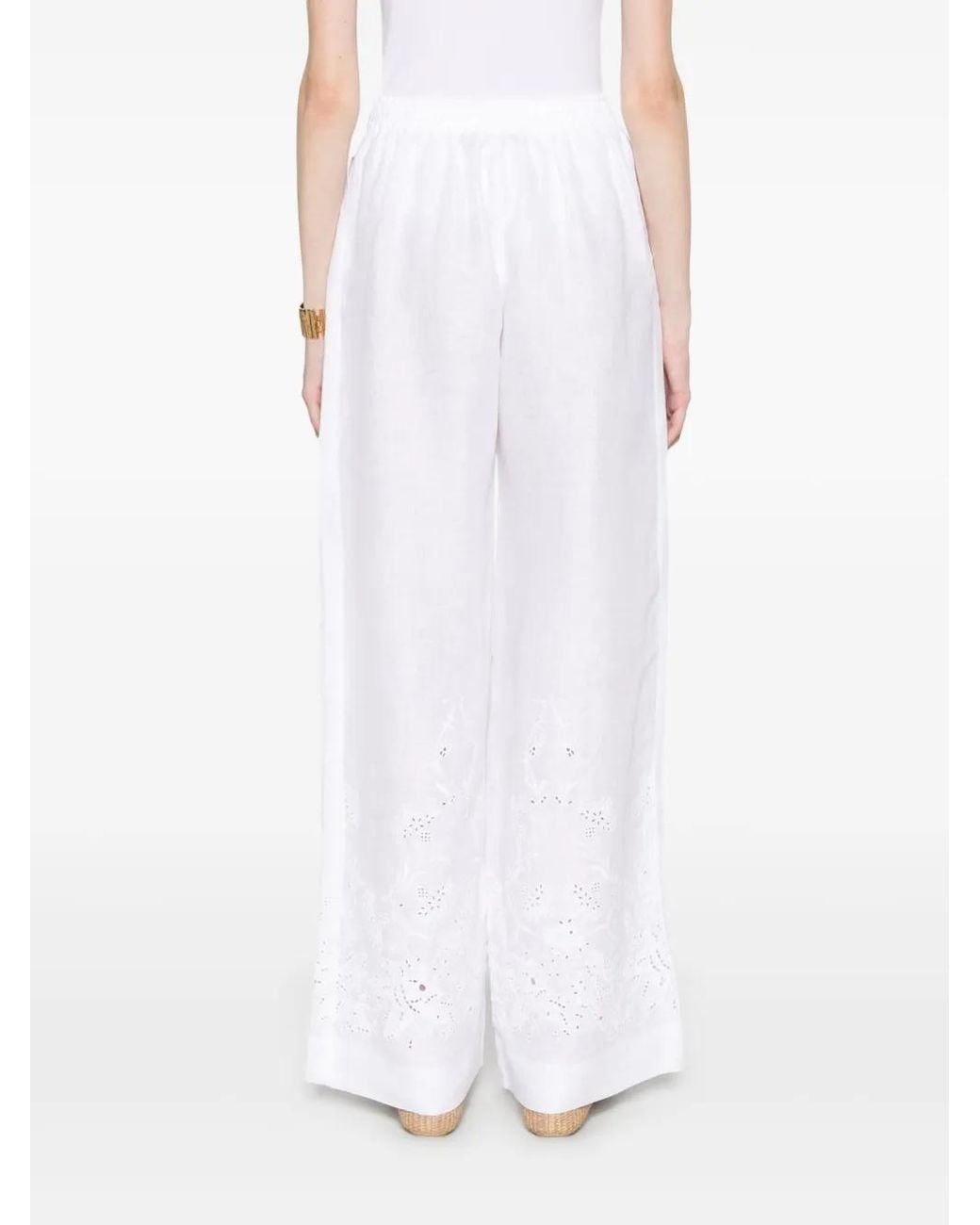 Ermanno Scervino White Wide-Leg Linen Pants With Intricate Embroidery